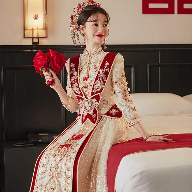 Xiuhe-Robe de Mariée Fine Dorée, Vêtement d'Été, Industrie Lourde Alberoise