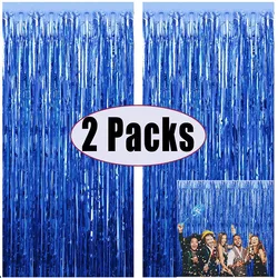 2Pack 1X2M Blue Metallic Foil Tinsel Fringe Curtain Backdrop Birthday Wedding Bachelorette Party Decoration Adult Anniversary