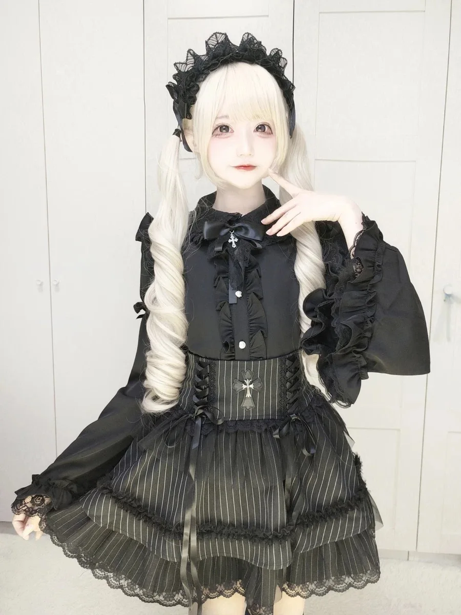 Japanese Y2k Aesthetic Lolita Kawaii Shirts Women Vintage Gothic Jirai Kei Elegant Blouses High Waisted Mini Skirt JK Dark Set