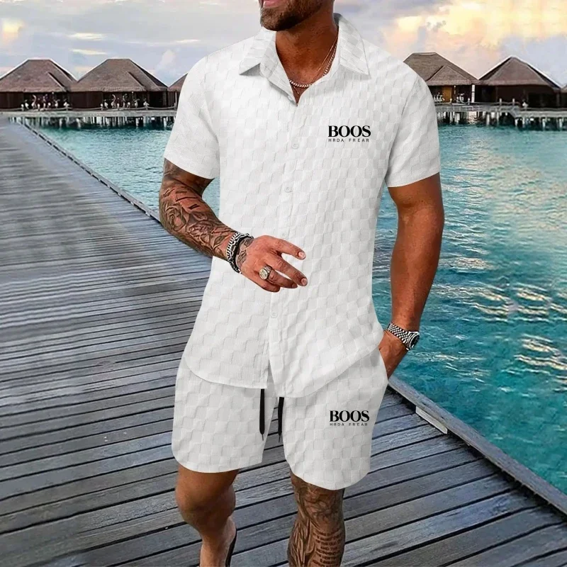 New Embroidered 100% Polyester Men's Fashionable Beach Short Sleeved Set Cardigan Solid Color Checkered Casual Beach Set