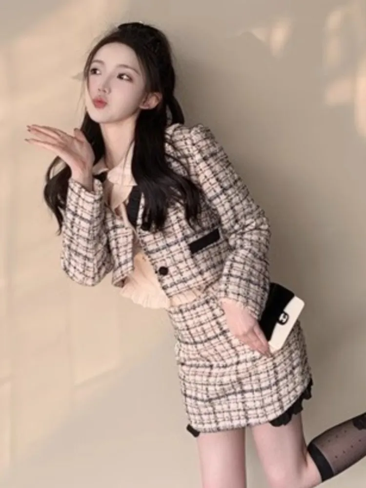 Autumn Winter Korean Two Piece Skirt Set Women Elegant Plaid Short Tweed Jacket+Bodycon Mini Skirt Suit Female Sweet Outfits