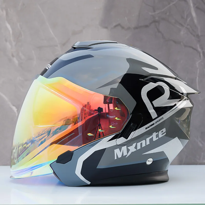 

Double Lens Men and Women Half Helmet Mxnrte Gray Sliver Helmet Motorcycle Off-Road Safety Helmet DOT Approved Casco Casque