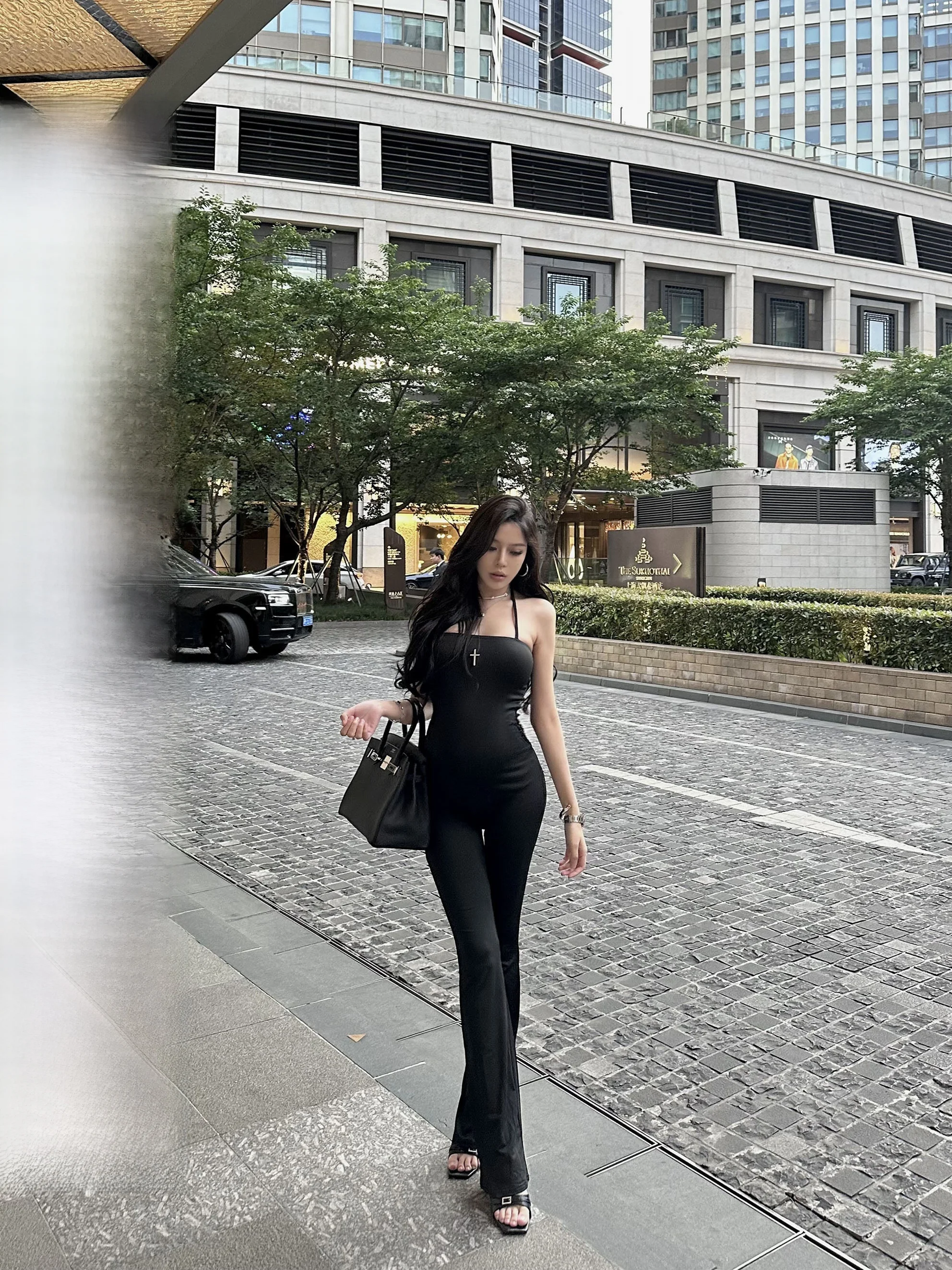 

LUV2Y Summer High-Waist One-Piece Suit with Long Pants Elastic Ne Hanging Strap Flat Mouth Slimming Effect Nylon Fabric