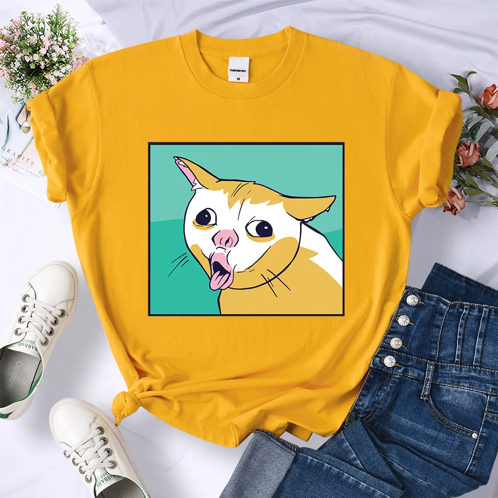 Coughing Cat Meme Naughty Cartoon Cat Women T-shirts Summer Breathable T Shirts Comfortable Tee Clothes Personality Casual Tops