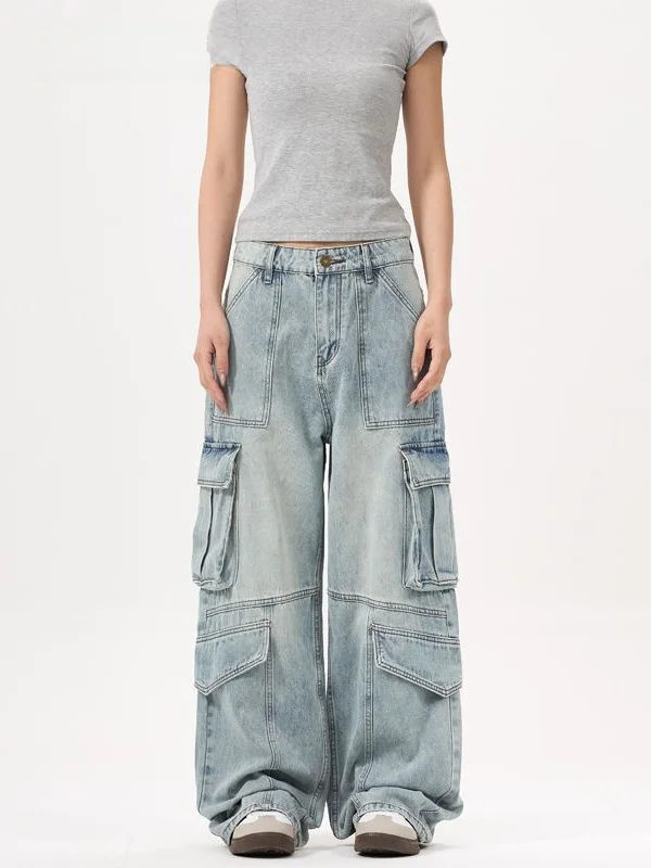 

Retro American Waed Multi-ket Workwear Jeans Men's Loose Straight Leg Wide Leg Versatile Long Trousers Denim Jeans