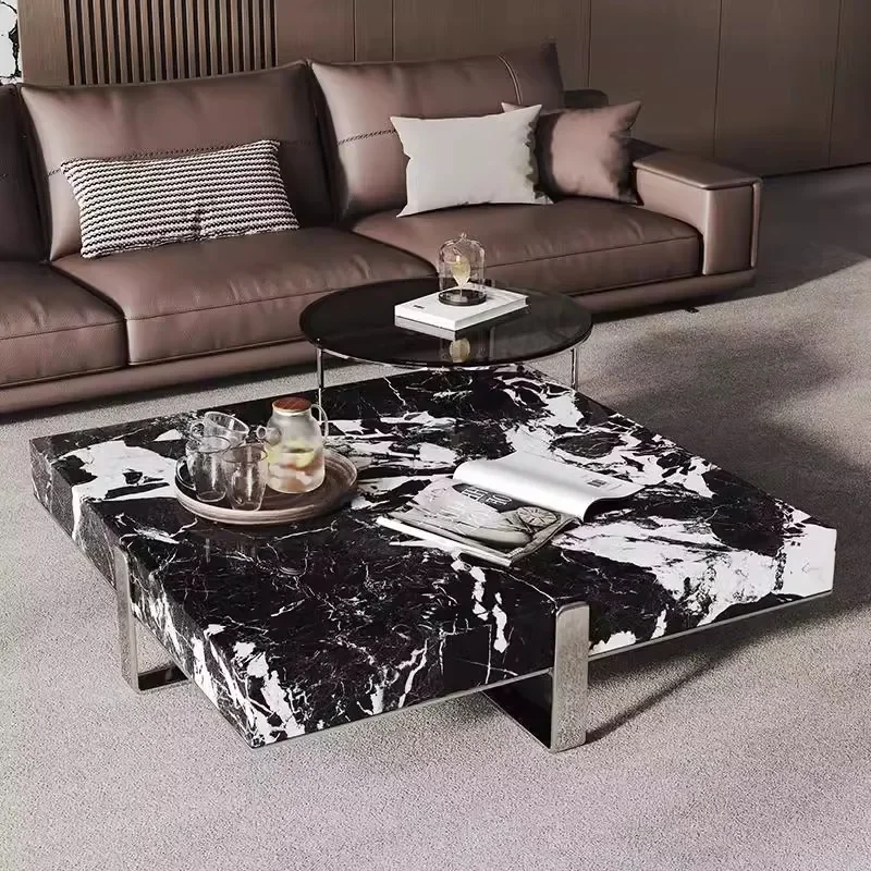 Italian Minimalist Square Coffee Table, Black White Stone Top, Heat-Resistant & Easy Clean, Sturdy Compact Designer Set