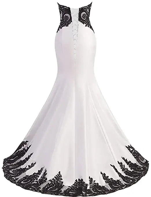 ANGELSBRIDEP abiti da sposa a sirena con scollo a v Robe De Mariee White Satin Black Appliques Court Train corsetto lunghezza del pavimento Plus Size