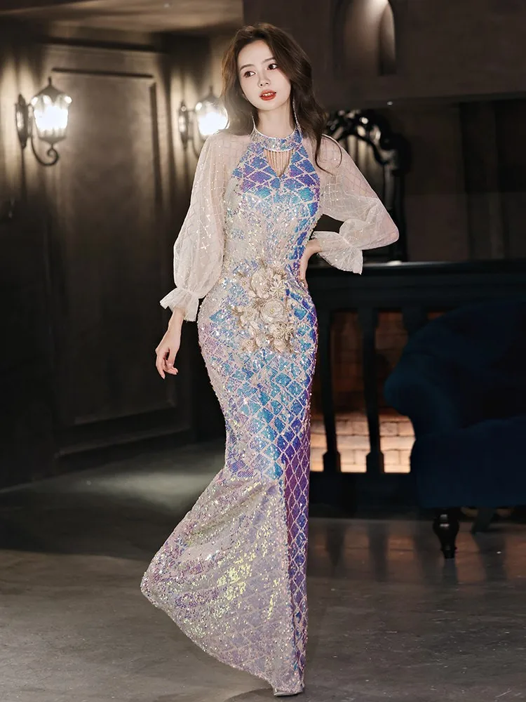 Sequined adult-style banquet fishtail light luxury niche haute couture tassel host heavy dress view 3