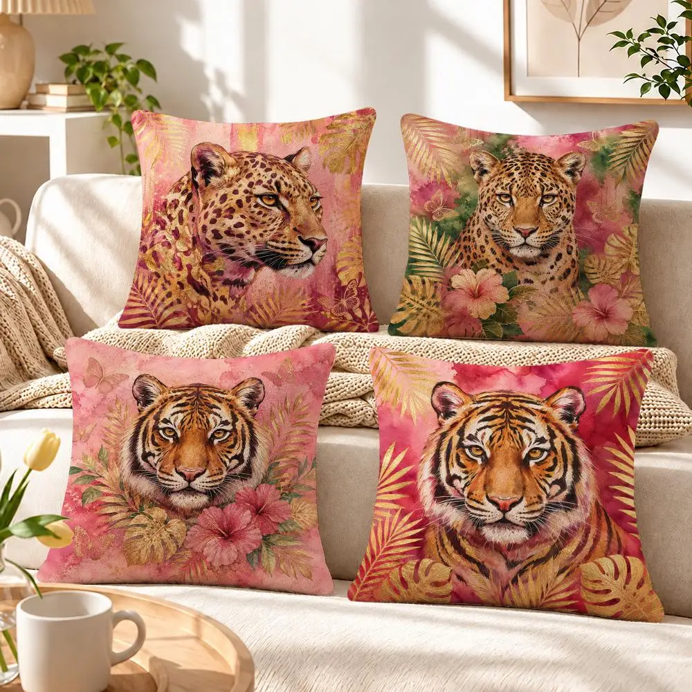 Pink Gold Tropical Animal Watercolor Cushion Cover Soft Short‑Plush Pillowcase, Decor for Sofa & Bedroom, Perfect Holiday Gif