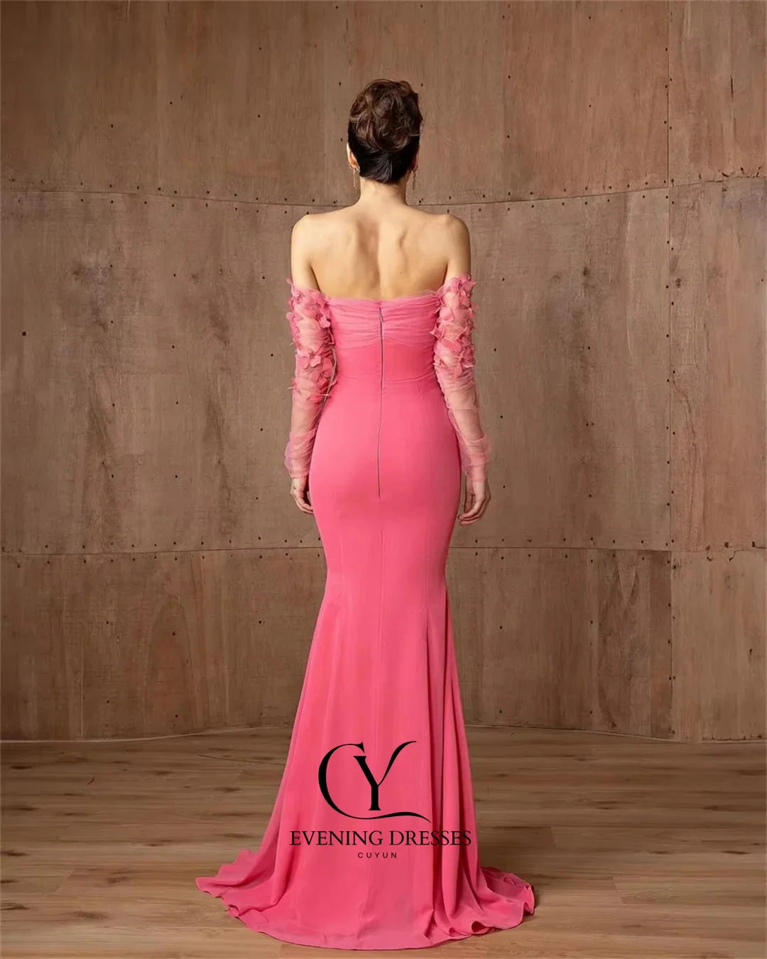 Cuyun personalizado sereia rosa vestido de noite 2026 mangas compridas 3d flores feminino vestido de festa de casamento elegante formal longo vestido de baile