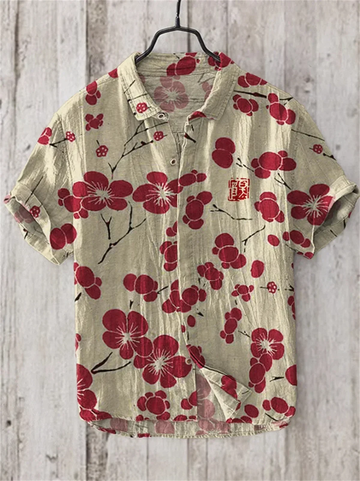 

Short Sleeved Shirt with Sakura Pattern, Japanese Vintage Art Linen, Bamboo Joint Cotton Shirt, Casual Hawaiian Vacation