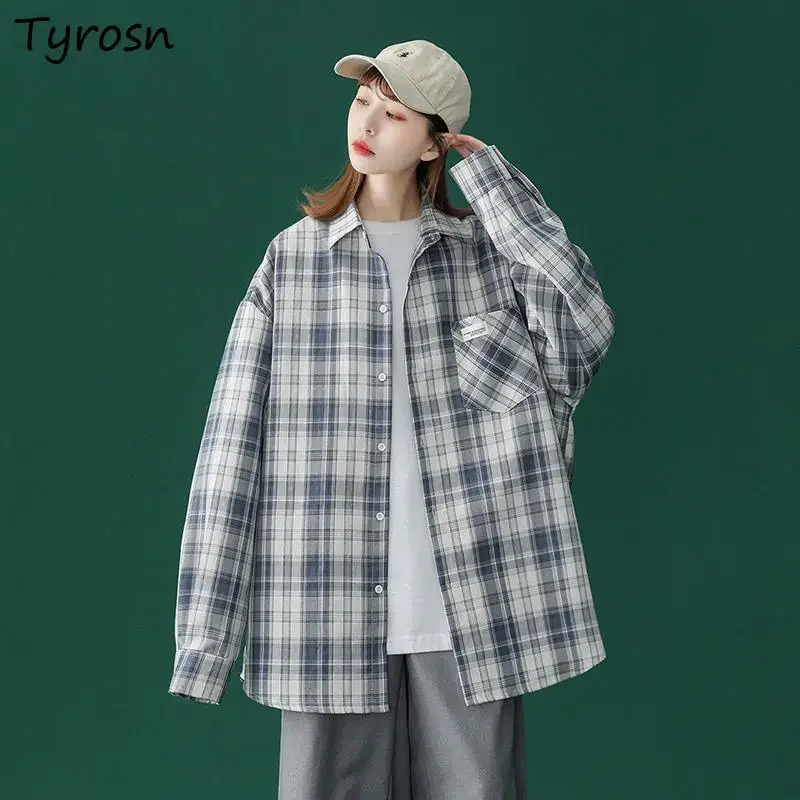 

Plaid Shirts Women Retro Fashion All-match High Street Long Sleeve Blouses Korean Style Design Chic Turn-down Collar Coats Teens