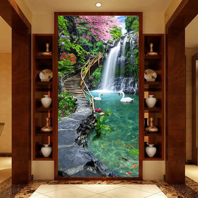 Custom 3D Photo Wallpaper Wall Painting Entrance Aisle Mountain Water Waterfall Nature Landscape Mural Wallpaper For Living Room