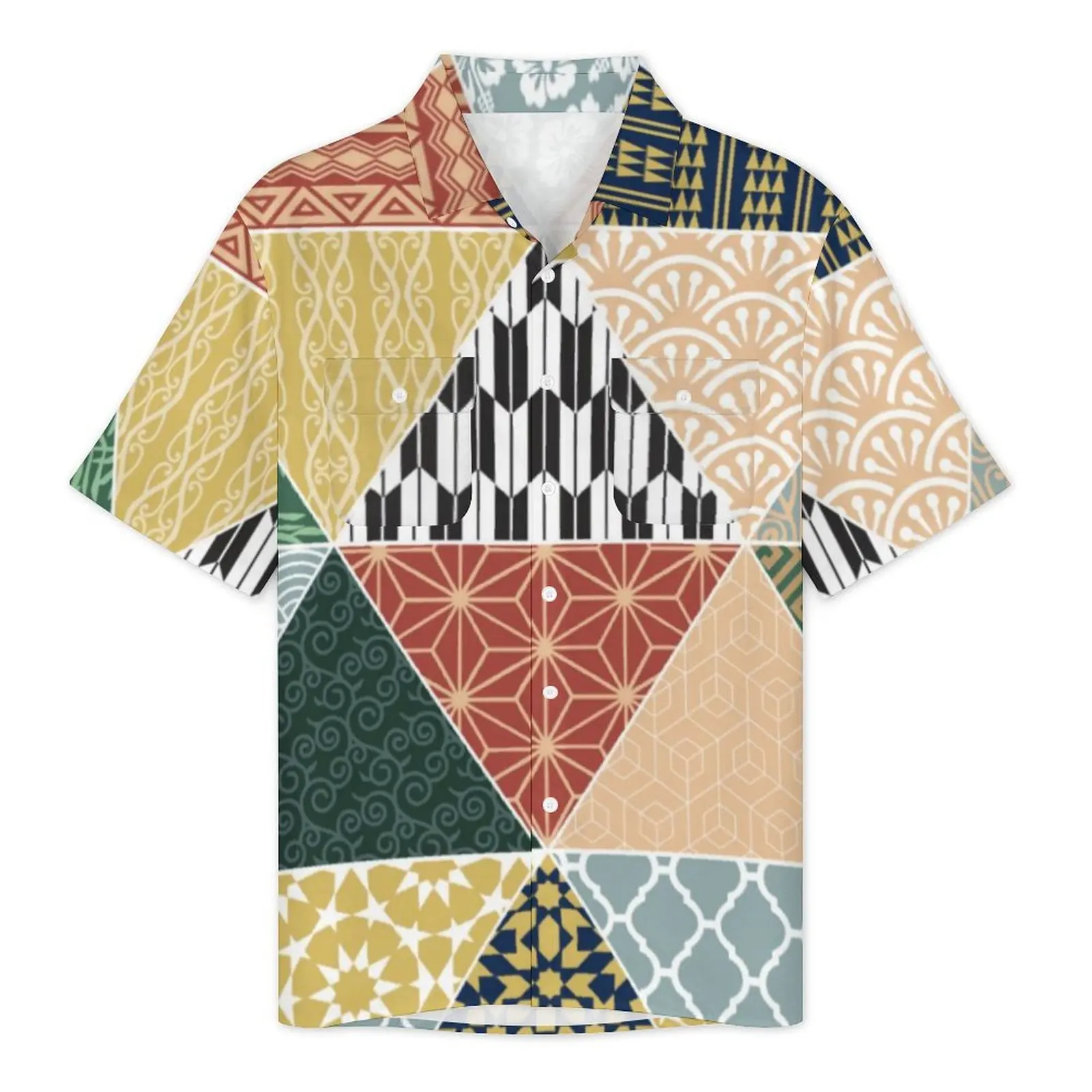 Colorful Patchwork Summer Shirt For Man Vacation Tribal Ethnic Print Casual Shirts Short Sleeve Stylish Elegant Oversize Blouses