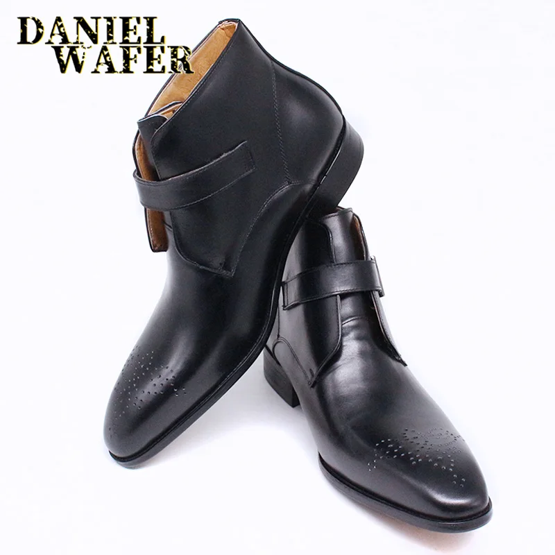 Fashion Men\'s Chelsea Boots Luxury Design Genuine Leather Shoes Black Blue Buckle Strap Dress Formal Business Ankle Boot for Men