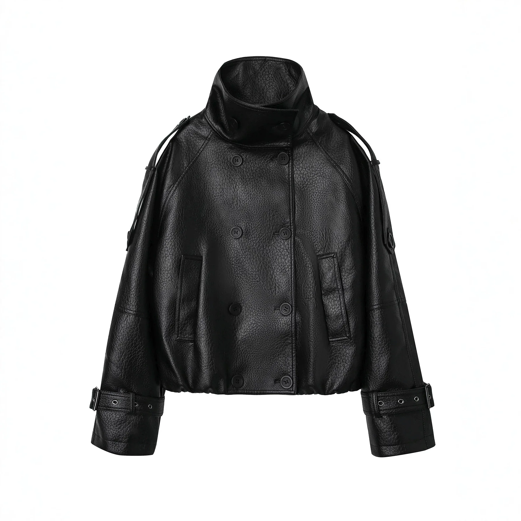 2026 Autumn Faux Leather Jacket Stand Collar Double Breasted Loose Fit Solid Casual Outerwear women's leather jacket