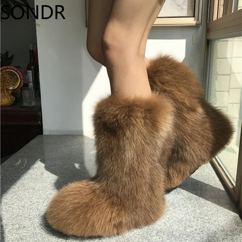 Women\'s Winter Snow Fur Lining Real Fox Fur Trim Furry Mid Calf Boots Thicken Shoes Warm Leopard 6 Colors Custom Made