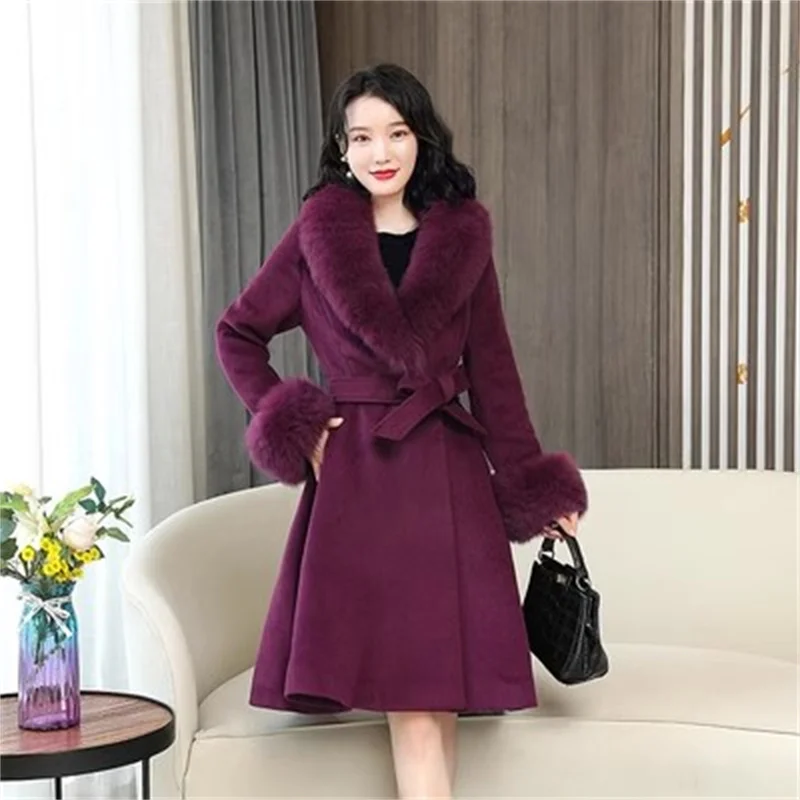 Long Woolen Coat Women\'s Long Outwear 2024 Winter New Thickened Knee Style Large Woolen Collar Loose Waistband Coat With Belt Tr