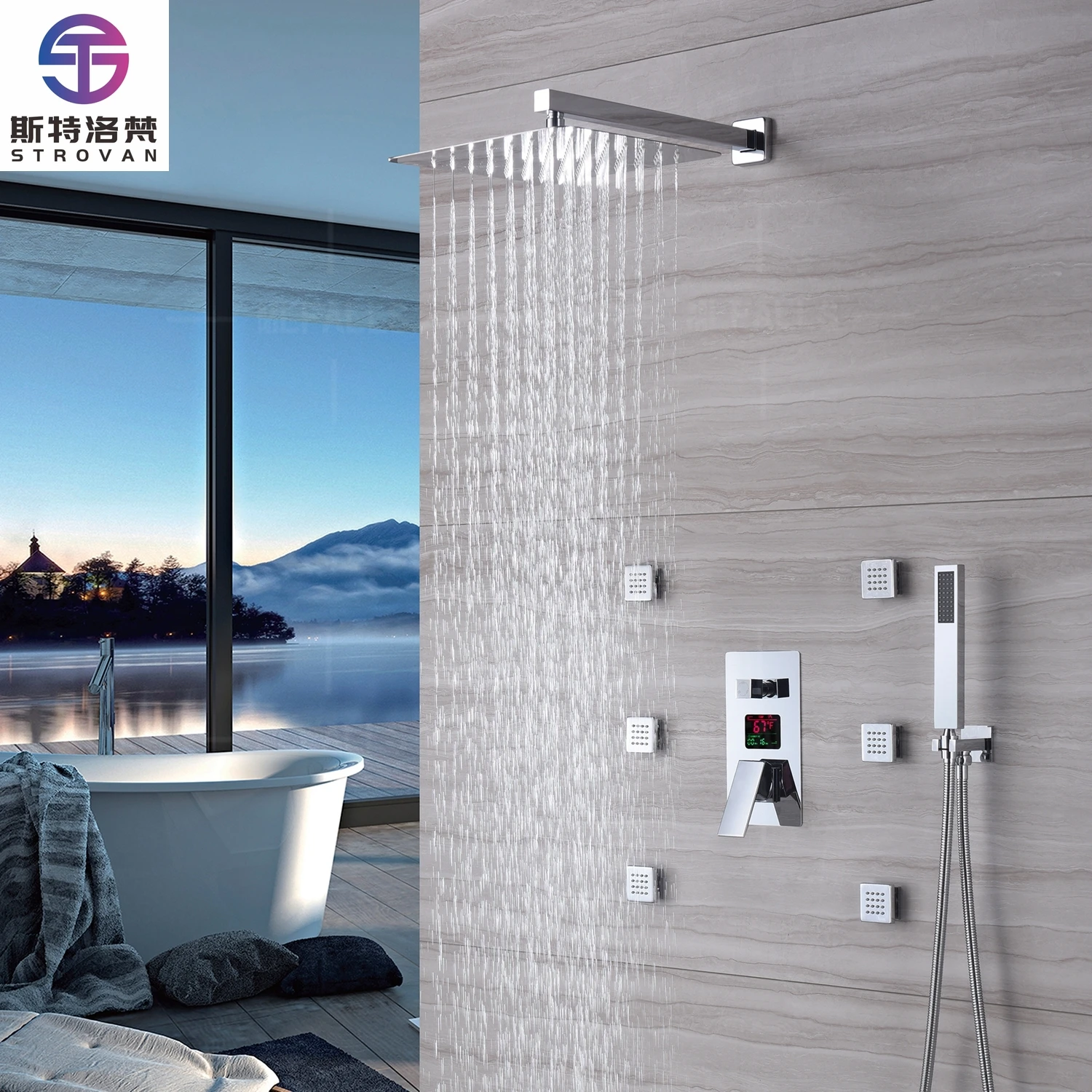 

Bathroom Rainfall Thermostatic Shower Faucet Digital Display Shower Set With Body Jet 3 Functions Balance Valve