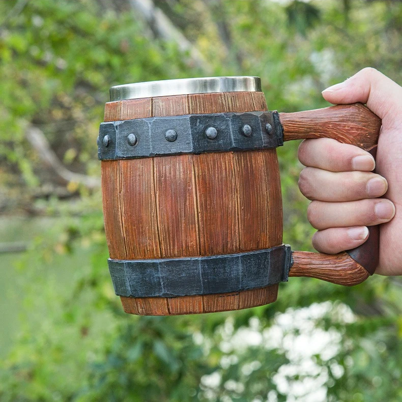 

Viking Retro Beer Mug Resin 304 Stainless Steel Imitation Wood Coffee Cup Double Wall Mug Beer Jug Water Cup Barware Men's Gift
