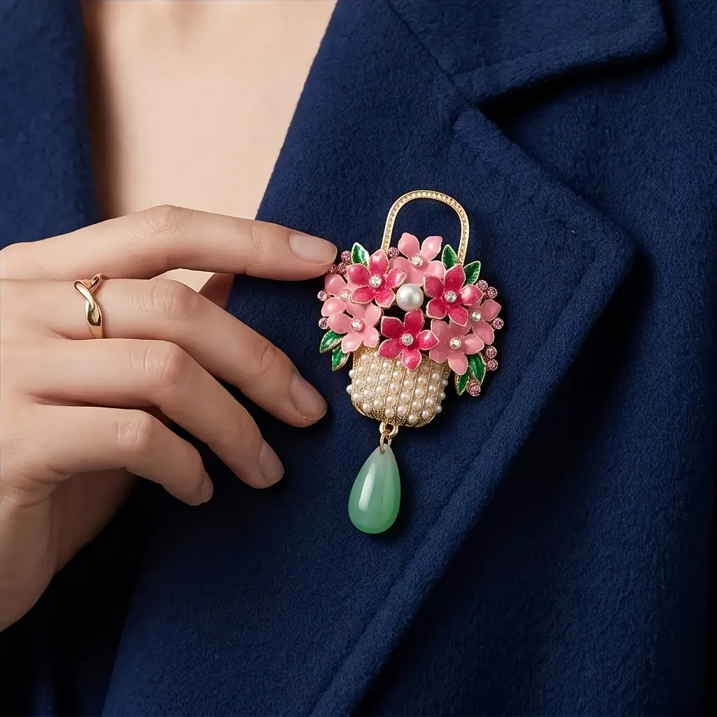 A Floral Basket Brooch, A Vintage Enamel Pendant Lapel Pin, Exquisite And Luxurious, Perfect For Pairing With Jackets, Blazers,