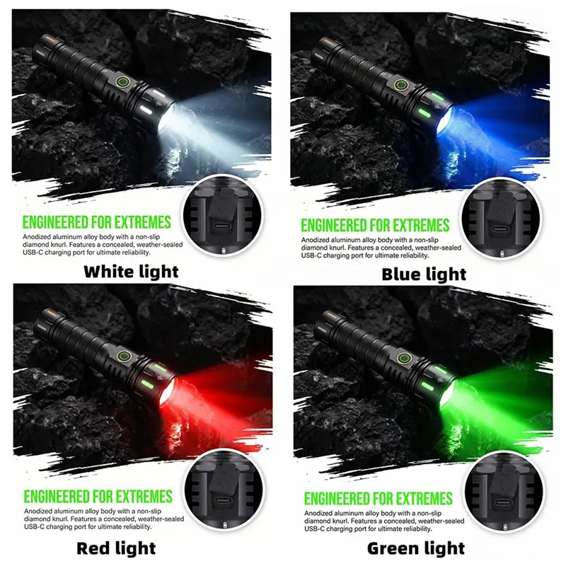 AT51 USB Rechargeable Zoom RGB LED Flashlight Blue Green Red Lamp Outdoor Fishing Camping Hunting Selfie Fill Light Torch