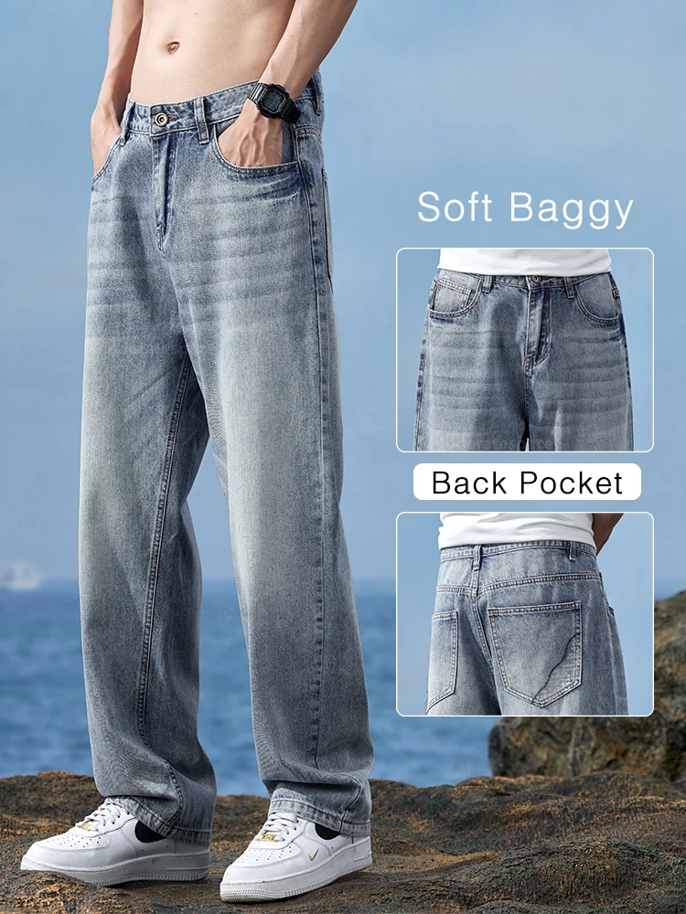 

Vintage Straight Jeans Men Spring Summer New Fashion Baggy Casual Trousers Wide Soft Comfortable Quality Male Denim Trousers