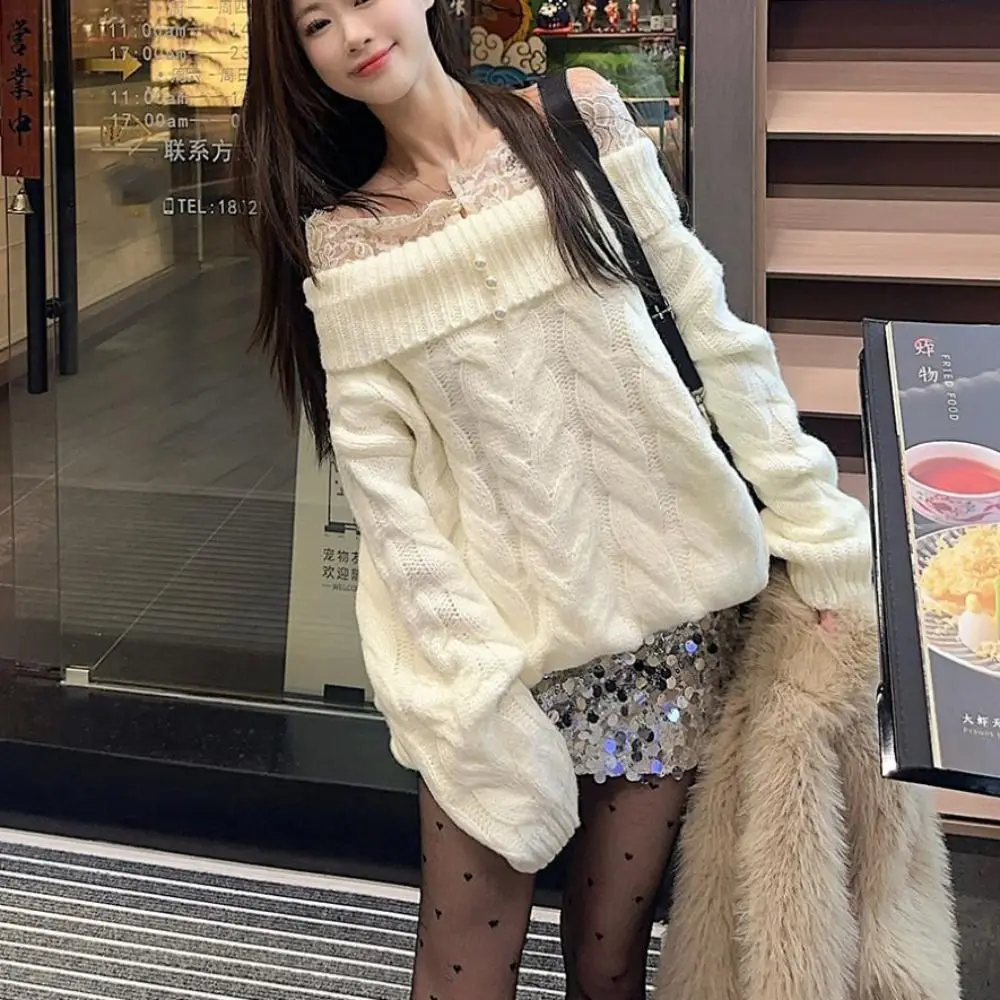 

Lace Long Sleeved Knitwear Loose Pullover Off Shoulder Sweater Top Spring Autumn Winter Bottoming Shirt Knitted Top for Women