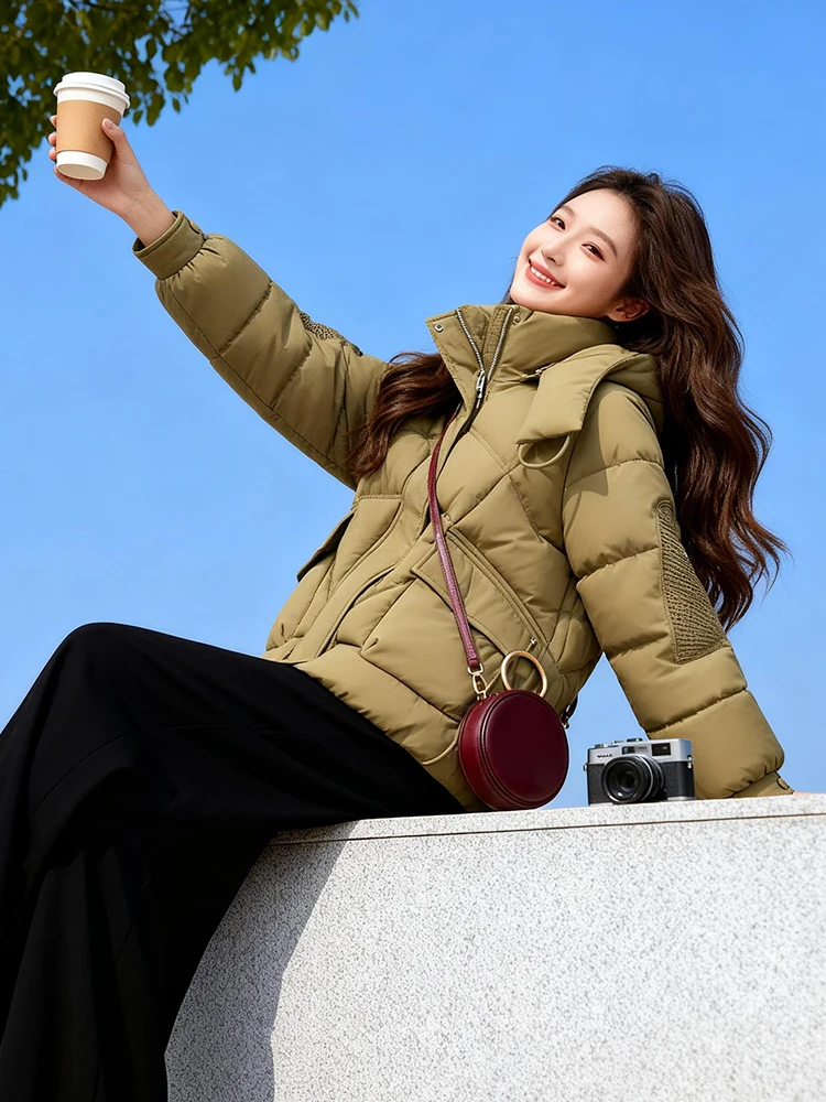 

Women's Thiened Fce Lined down Jaet Stand Collar Windproof Winter Coat Korean Sle Loose Fit Long Sve Zipper Closure