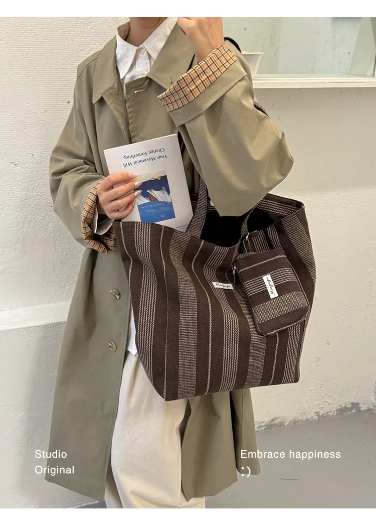 Relaxing Striped Thick Fabric Mother Bag Large Capacity Casual Shoulder Bag Commuting Women's Handbag Fashionable Tote Bag