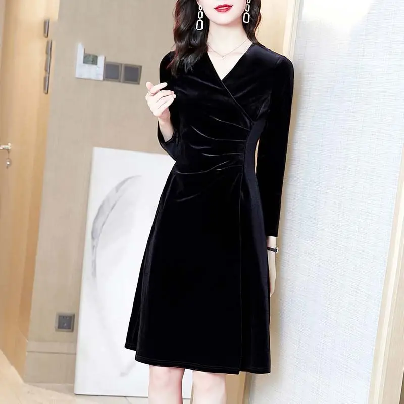 Spring Autumn New Women\'s Solid Color V-Neck Pleated Dress Elegant Fashion Shrink Your Waist and Appear Thin Long Sleeve Tops