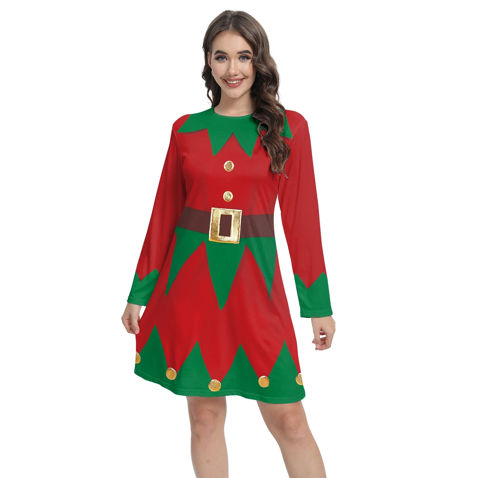 Merry Christmas Women's Cute Long Sleeve Dress Elk 3D Printing Xmas Fancy Dress Casual Dresses Anime Disguise Adult Clothing