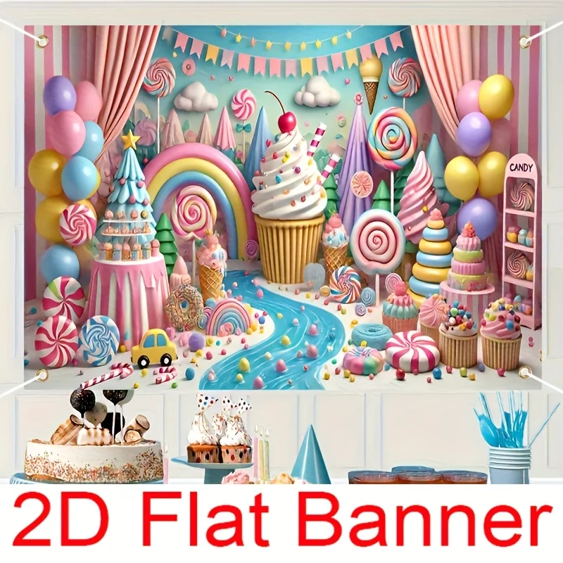 Ein 2D-Banner, Polyesterfaser, Geburtstagshintergrund mit Süßigkeitenmotiv, Riesenkuchen, Eis, Lutscher und Regenbogen