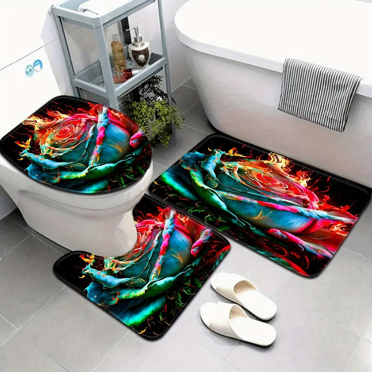 

Набор ковриков для ванной с цветочным принтом розы из 3 предметов — чехол на сиденье унитаза с черным фоном и U-образный коврик, нескользящий декор для ванной комнаты