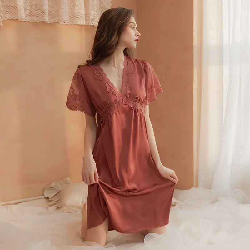 

Romantic and elegant ice silk long dress comfortable soft lace trim home sexy nightdress women large size pajamas homeclothes