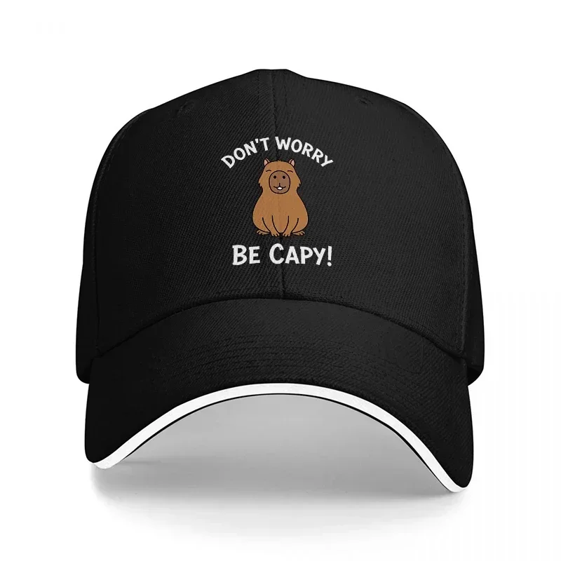 New DONT WORRY BE CAPY CAPYBARA FUNNY BASEBALL HAT WITH CUTE ANIMAL DESIGN BLACK AND WHITE COLOR COMBO FOR CASUAL WEAR
