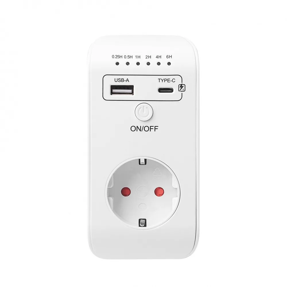 EU Plug Countdown Timer Socket With USB Type-C 2.4A Fast Charging Smart Time Controller Outlet 0.25/0.5/1/2/4/6H Timer Socket