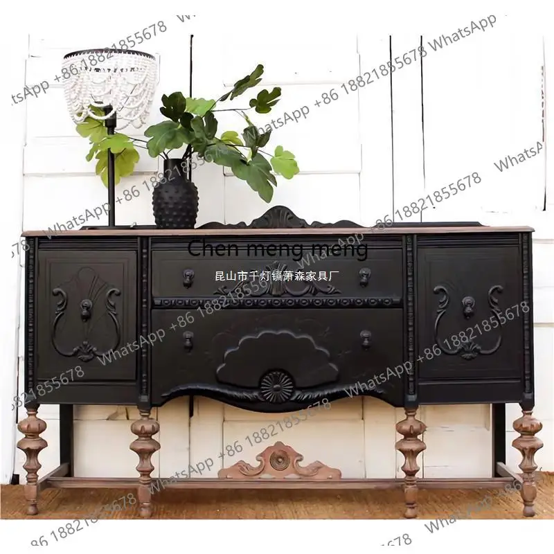 

French Retro Solid Wood Carved Entryway Cabinet European Style Sideboard Living Room Storage Decorative Cabinet