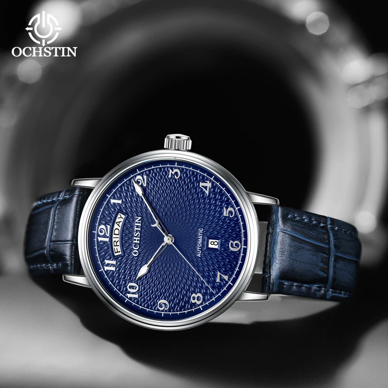 OCHSTIN Automatic Watches for Men Luxury Royal Blue Business Mechanical Sports Male Clock Auto Date Day Leather Strap Wristwatch