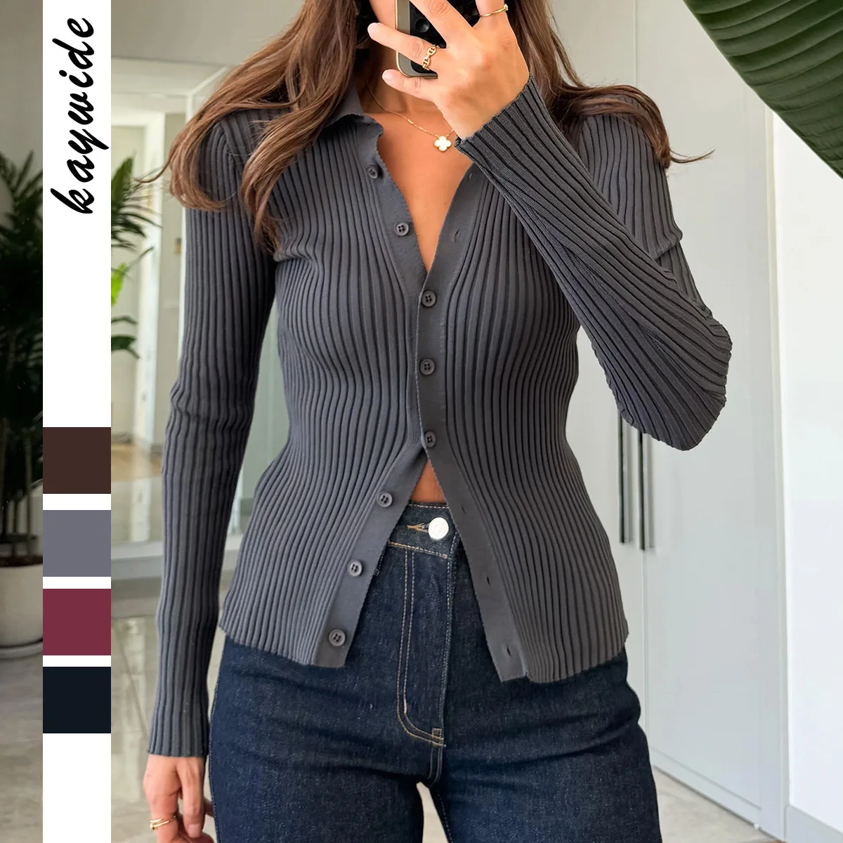 

2025 New Fashion Button Slim Shirt For Women Summer Casual Solid Color Round Neck Long-sleeved Home Top For Women