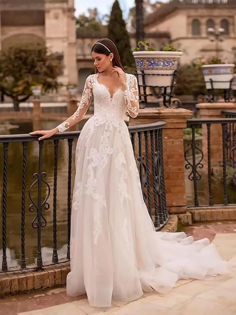 Fair Lady-vestidos de novia con cuello en V para mujer, traje de novia con tirantes de cuentas, apliques de encaje, 2024