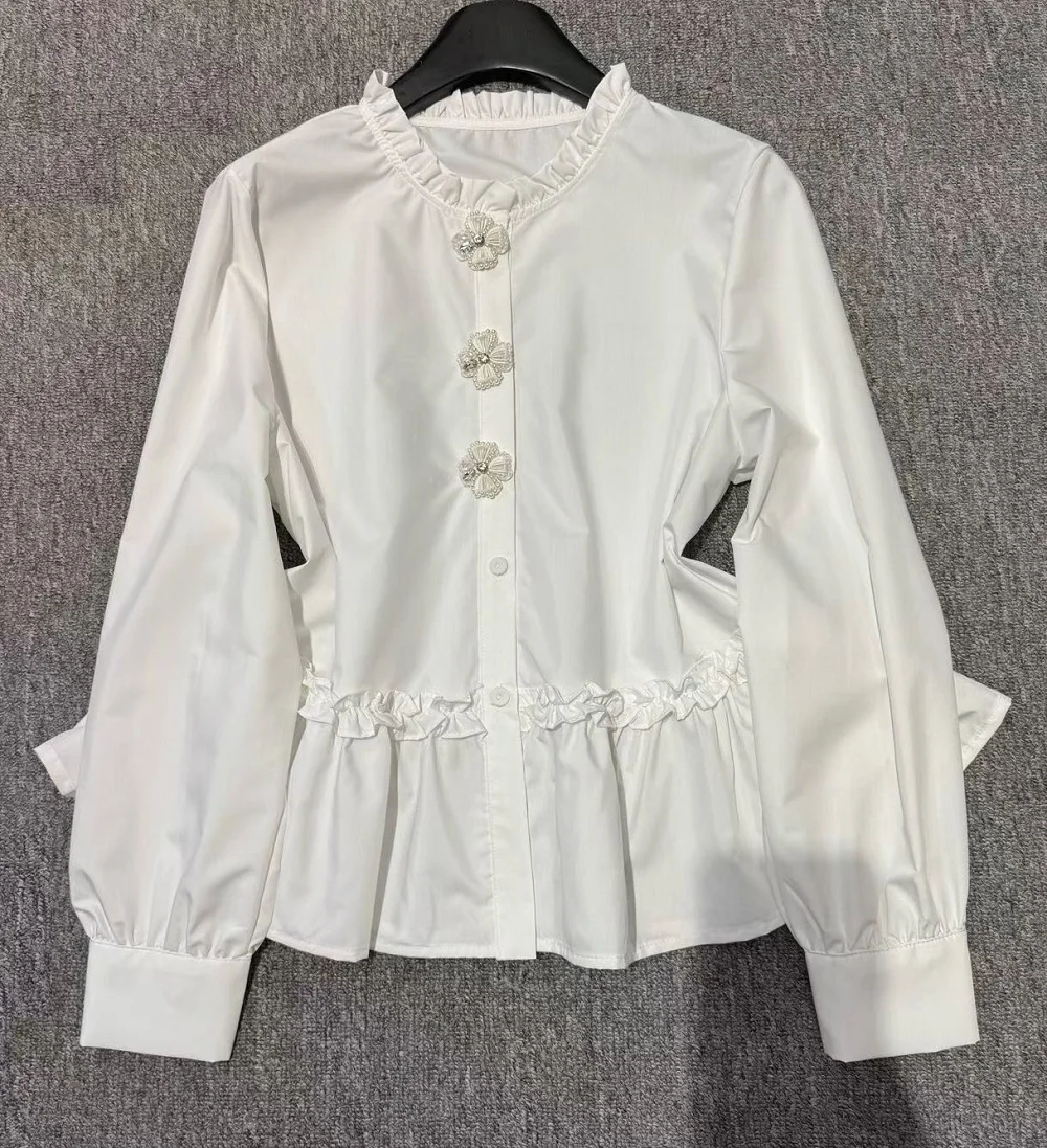 

High Quality Cotton Shirts 2026 Spring Summer Fashion Blouse Lady Beading Flower Button Long Sleeve Casual Sweet White Shirts