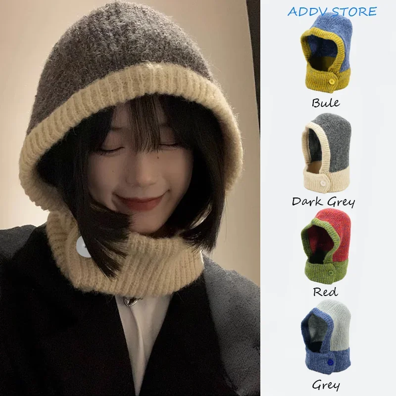 

Japanese Niche Balaclava Woman Winter Wool Knit Beanie Paternity Color-blocking Ear Protector Integrated Cap