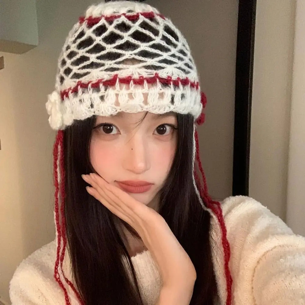 Vintage Bohemian Hollow Knitted Beanies Hat Weave Sweet Tassel Pullover Hat Handmade Butterfly Korean Crochet Cap Women