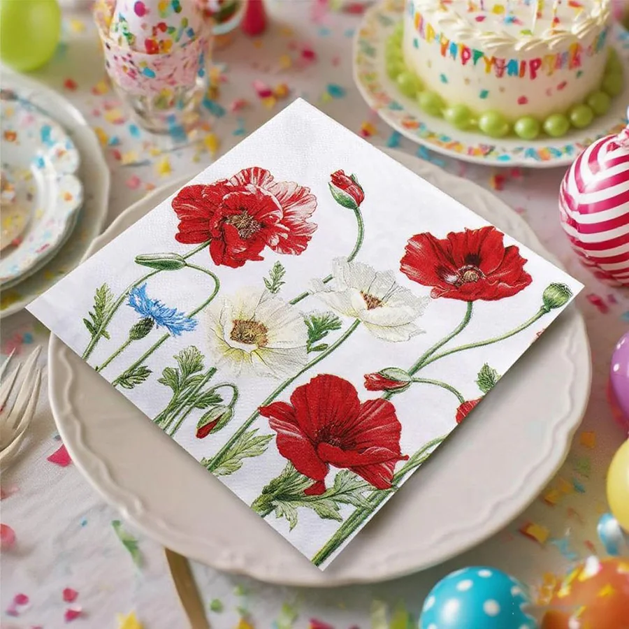 20Pcs Vintage Poppy Floral Printed Disposable Paper Napkins Red Cornflower Pattern Tissue Wedding Bridal Shower Home Table Decor