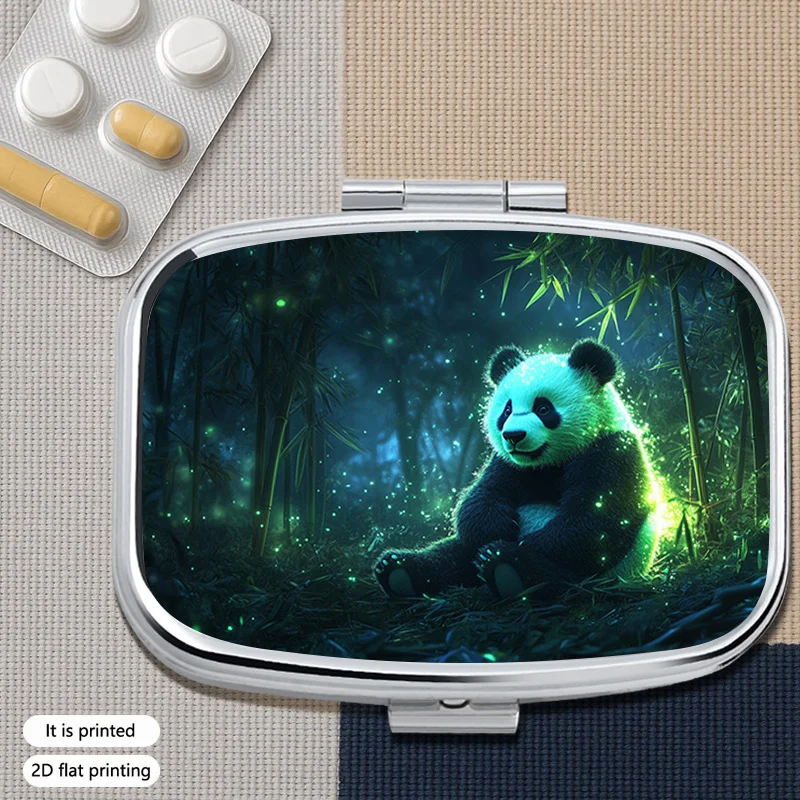 Panda 75 Pattern Creative Square Pill Box with 2 Separate Barrier Layers, Simple Portable Sealed Pill Box, Metal Sealed Pill Box Suitable for Home Use and Travel, Categorized Storage Sealed Pill Box, Printing Position May Vary