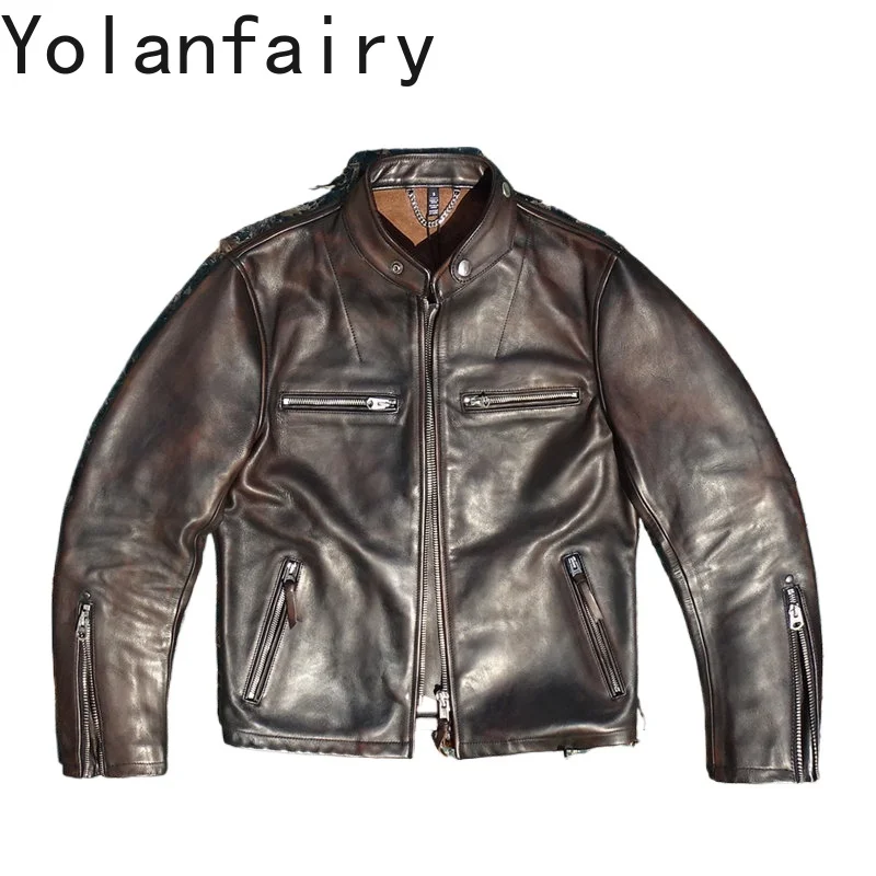 YOLANFAIRY 100% Genuine Leather Jacket Men Fashion Real Horsehide Leather Coat Man Clothes Men's Vintage Stand Collar Slim Fit