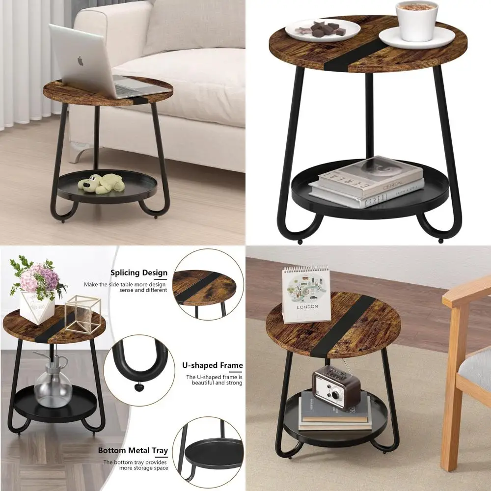 

2-Tier Living Room Coffee Table, Industrial Round Metal Tray Table, Small Outdoor/Patio Wood Table in Rustic Brown