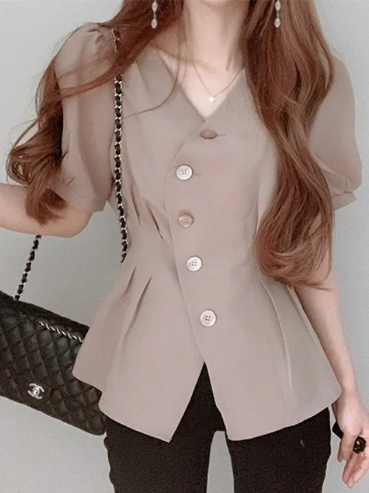Csa de Manga Abullonada con Botón Único, Diseño Irregular y Cuello en V, Ajustada, para Mujer, Estilo Único y Moderno para...