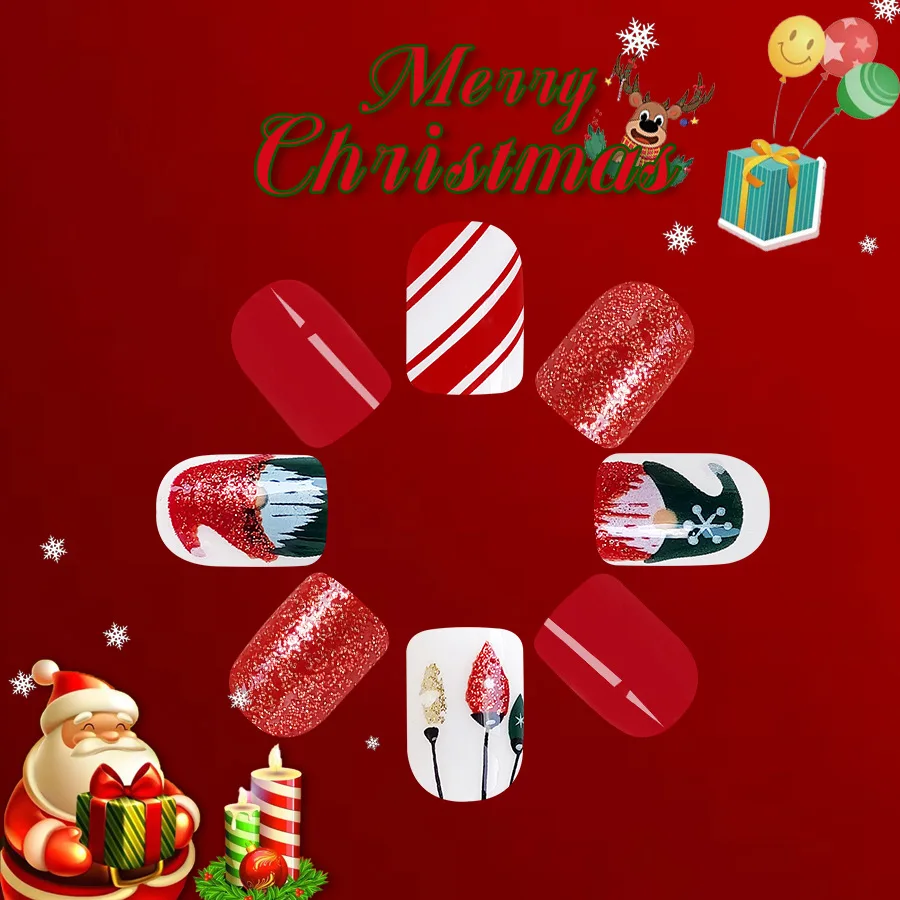 24Pcs Red Short Christmas Press on Nail Square Reusable Full Cover Nail Art Tips with Santa and Colorful Light Design for Women